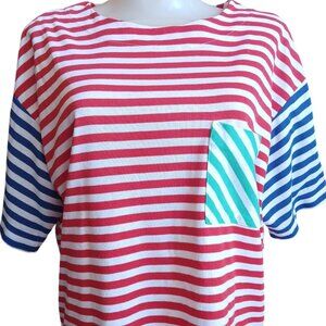 Vintage Women's T-shirt Medium Single Stitch Striped Multicolor Top With Pocket